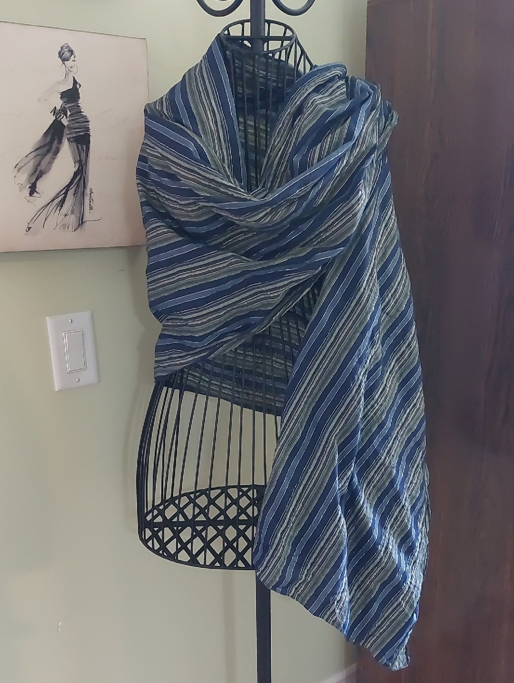 10p%Cotton, Striped Blue & Silver Lightweight Scarf